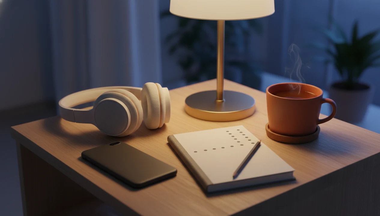 A calm bedside setup with headphones, a journal, tea, and a phone ready for a seven-day self-hypnosis routine.