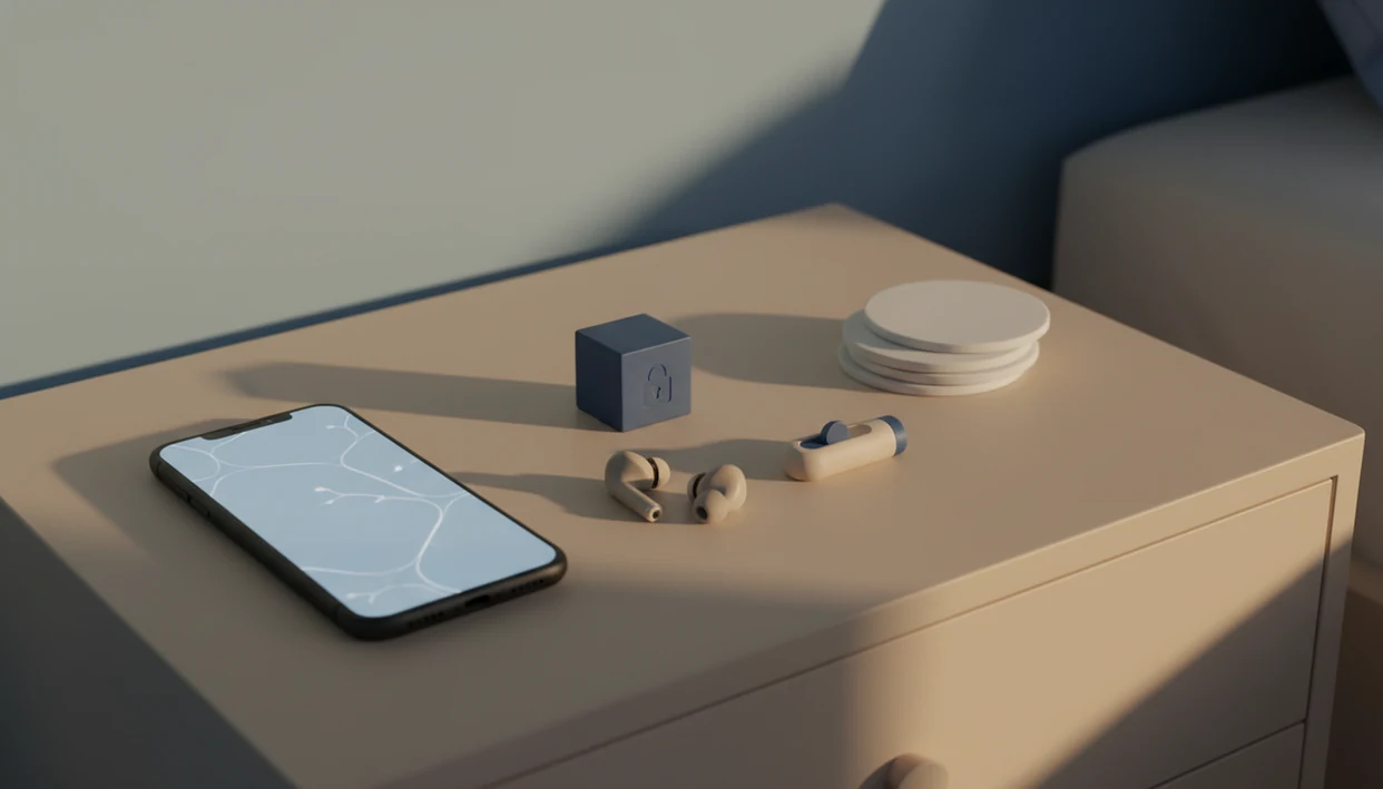 A bedside still life contrasts a glowing phone with prerecorded audio objects and a privacy lock.