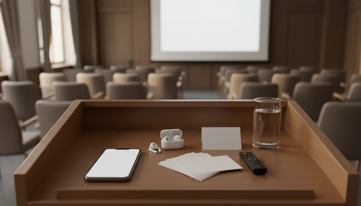 A lectern with a phone, earbuds, cue cards, and water faces an empty presentation room.