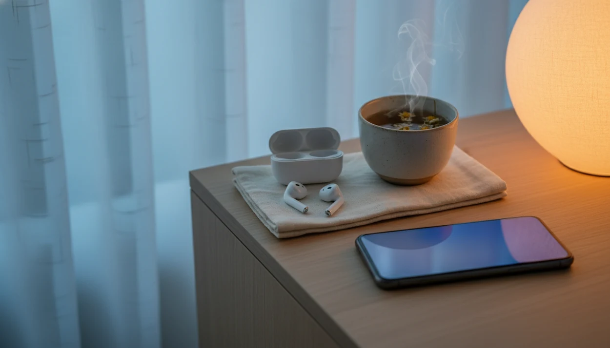 A dimmed smartphone with earbuds, tea, and a sleep mask on a calm bedside table.