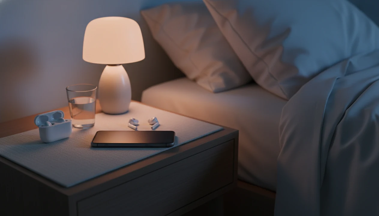 A dim smartphone and earbuds rest on a bedside table in warm light, suggesting sleep hypnosis audio before bed.