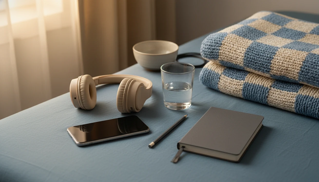 A phone, headphones, journal, and quiet habit cues arranged for a calm self-hypnosis routine.