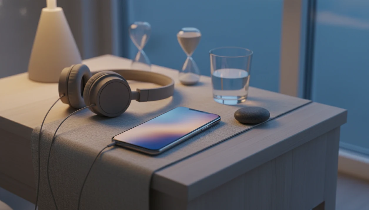 A phone, headphones, hourglass, water, and grounding stone arranged for a calm hypnosis audio session.