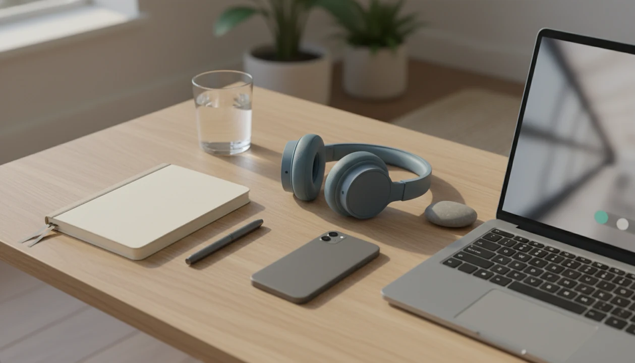 A calm interview preparation desk with headphones, notebook, phone, water, and a blurred laptop screen.
