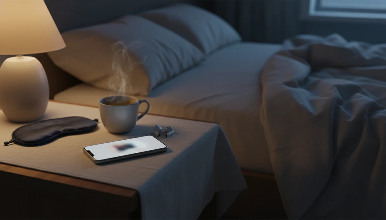 A dim smartphone, earbuds, tea, and eye mask sit on a calm bedside table before sleep.