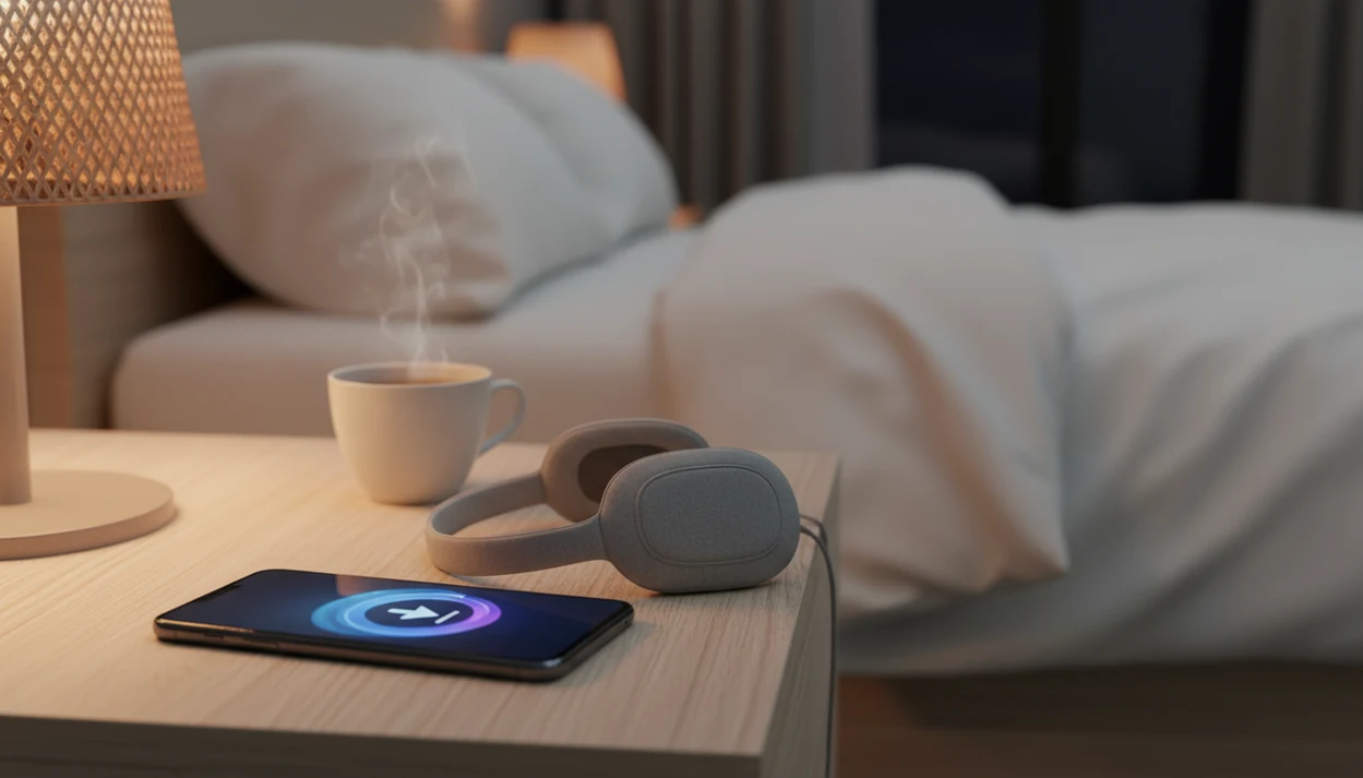 A phone with headphones on a nightstand suggests downloaded hypnosis sessions ready for offline bedtime listening.