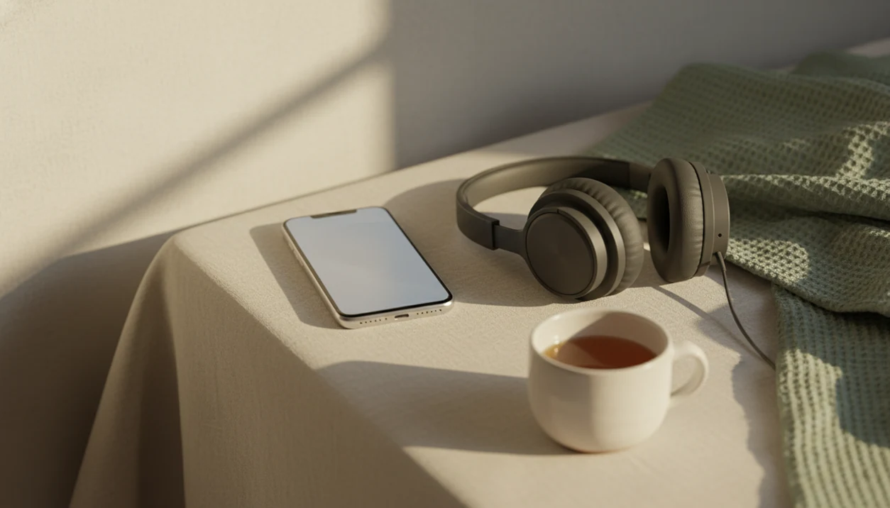 A phone and headphones rest on a calm bedside table, suggesting private guided hypnosis audio for stress support.