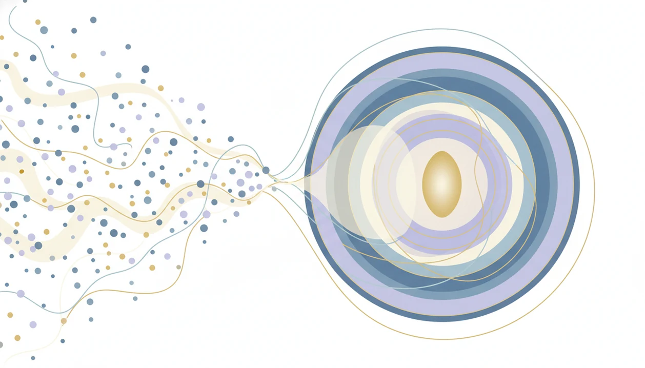An abstract diagram shows scattered thoughts settling into calm focus through guided self-hypnosis stages.
