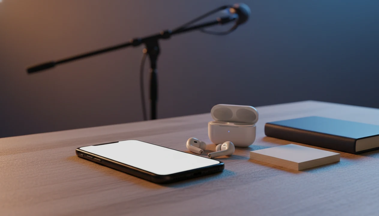 A phone with earbuds and blank cue cards sits on a desk before a softly lit performance space.
