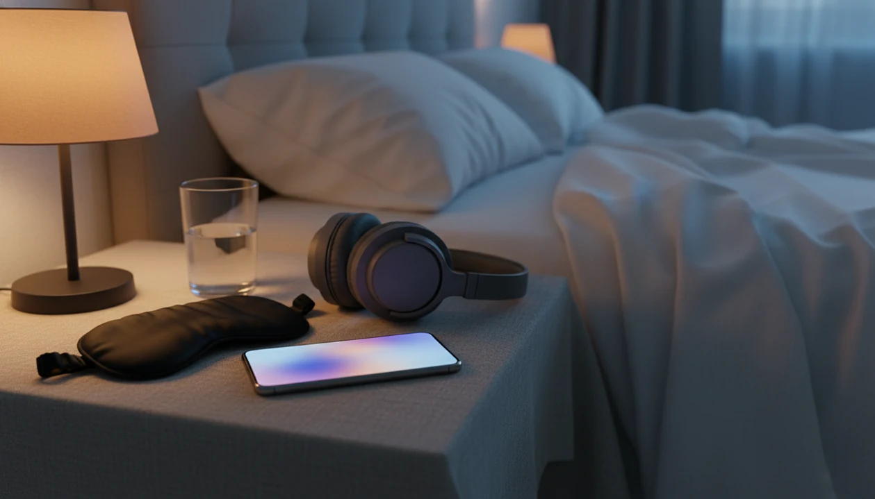 A phone and headphones rest on a bedside table for a calm guided self-hypnosis session.
