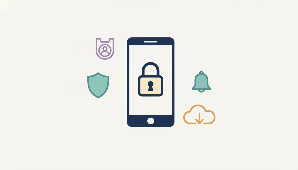 An illustrated phone with privacy and safety symbols around it for reviewing hypnosis apps.