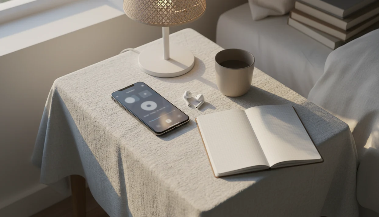 A phone, earbuds, and blank habit notebook sit on a quiet nightstand for a self-hypnosis routine.