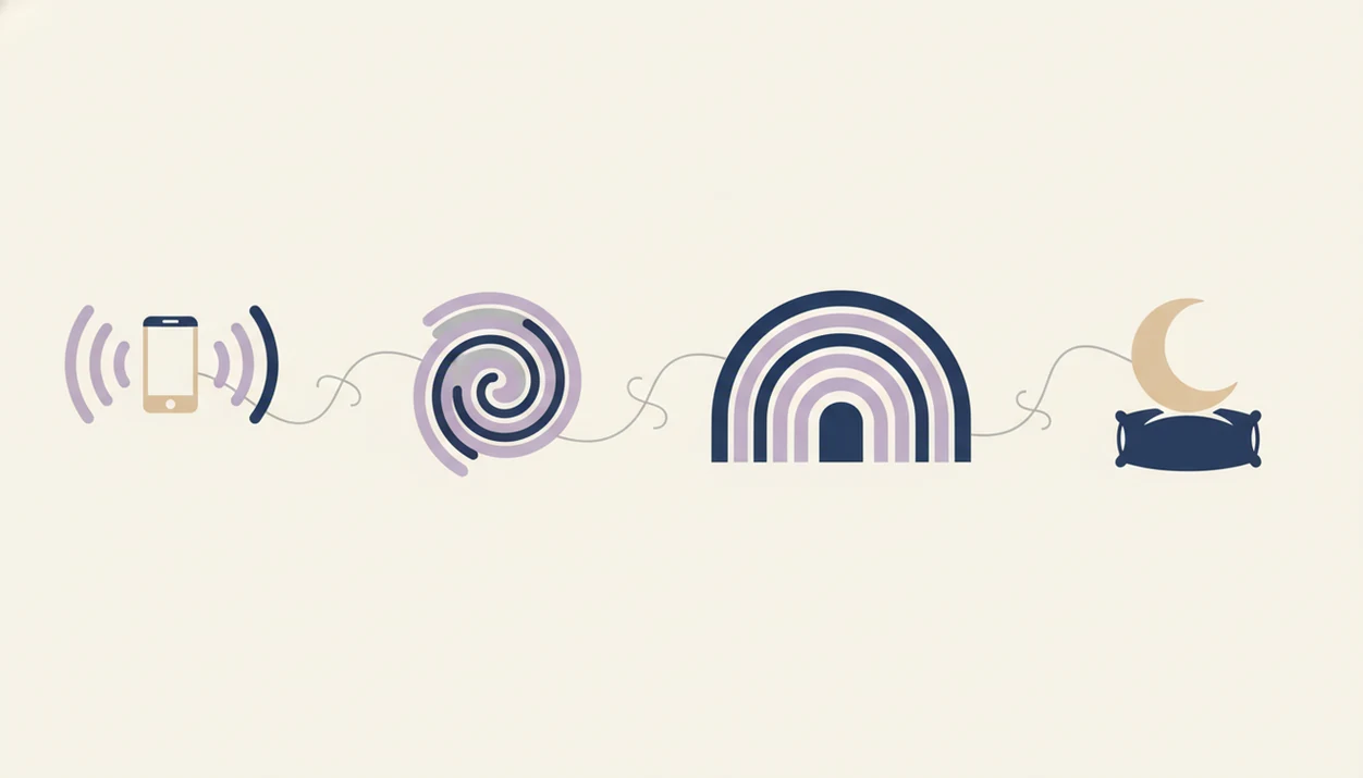 An abstract diagram shows sleep hypnosis moving from audio cues to relaxation and a moonlit pillow.