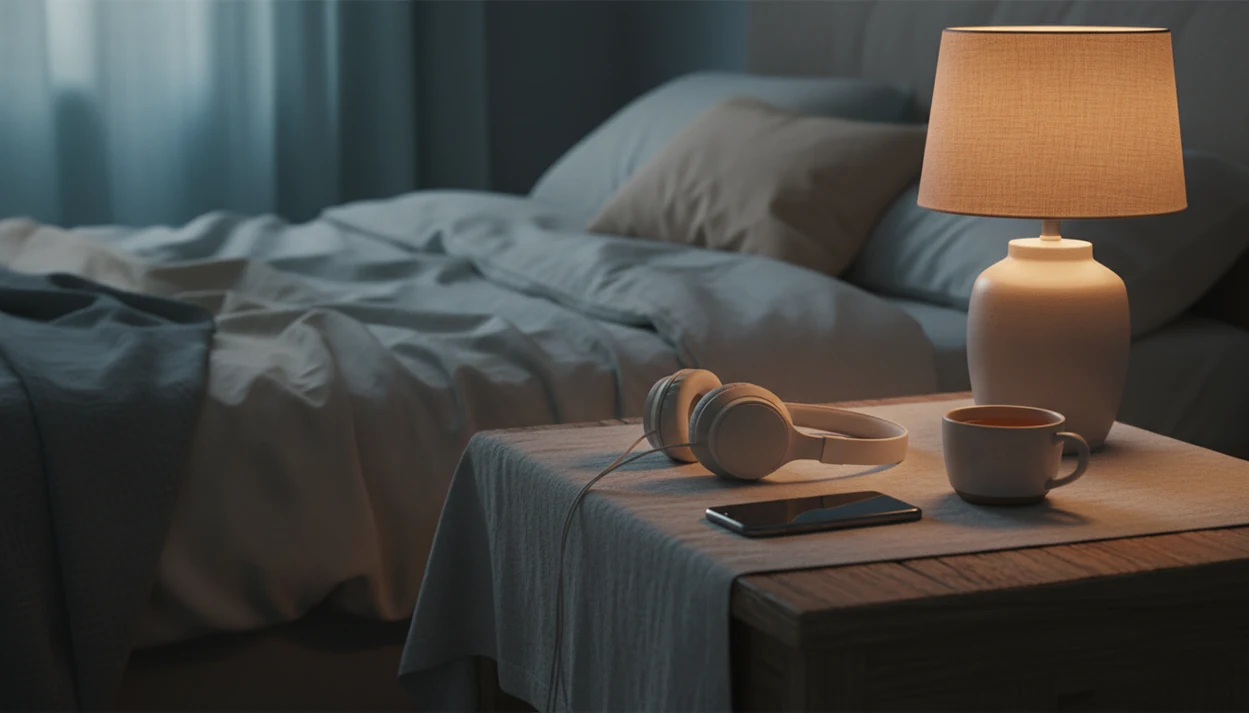 A phone, sleep headphones, tea, and a warm lamp sit on a calm bedside table at night.