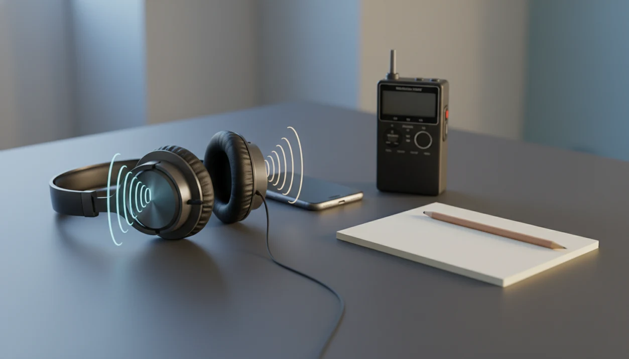Headphones, a microphone, blank notebook, and face-down phone compare sound effects with guided hypnosis.
