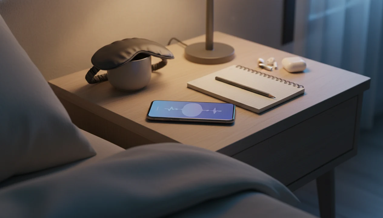 A phone on a nightstand beside sleep accessories suggests choosing bedtime audio for racing thoughts.