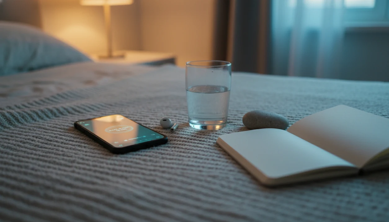 A phone with earbuds rests beside calming grounding objects on a blanket in soft evening light.