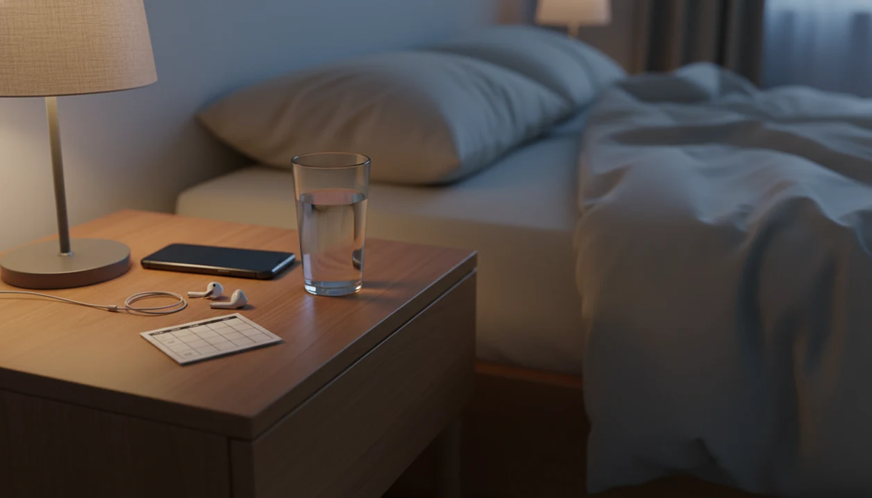 A phone, earbuds, and blank habit tracker sit on a bedside table in a calm bedroom at dusk.
