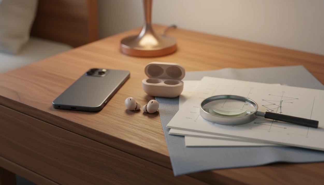 A phone, earbuds, research papers, and a magnifying glass arranged on a calm bedside table.