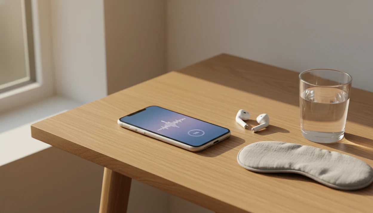 A phone, earbuds, eye mask, and water sit on a calm bedside table for a private hypnosis audio routine.