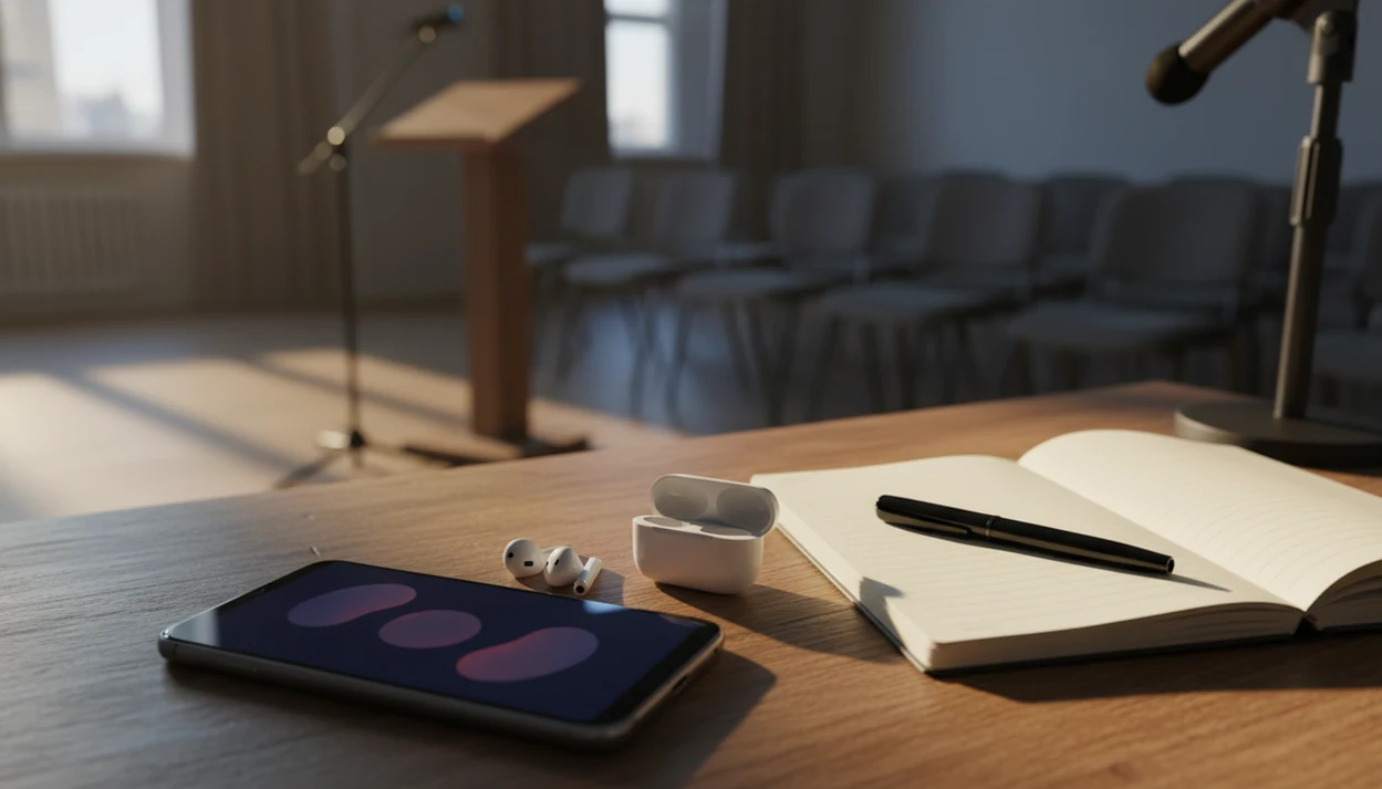 A phone with earbuds and a blank notebook sits near a blurred podium microphone in a quiet rehearsal room.