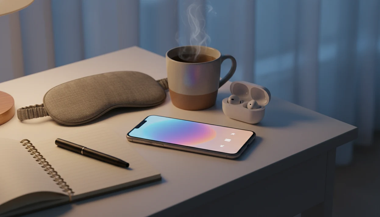 A phone, earbuds, sleep mask, and tea sit on a calm bedside table ready for a hypnosis audio session.