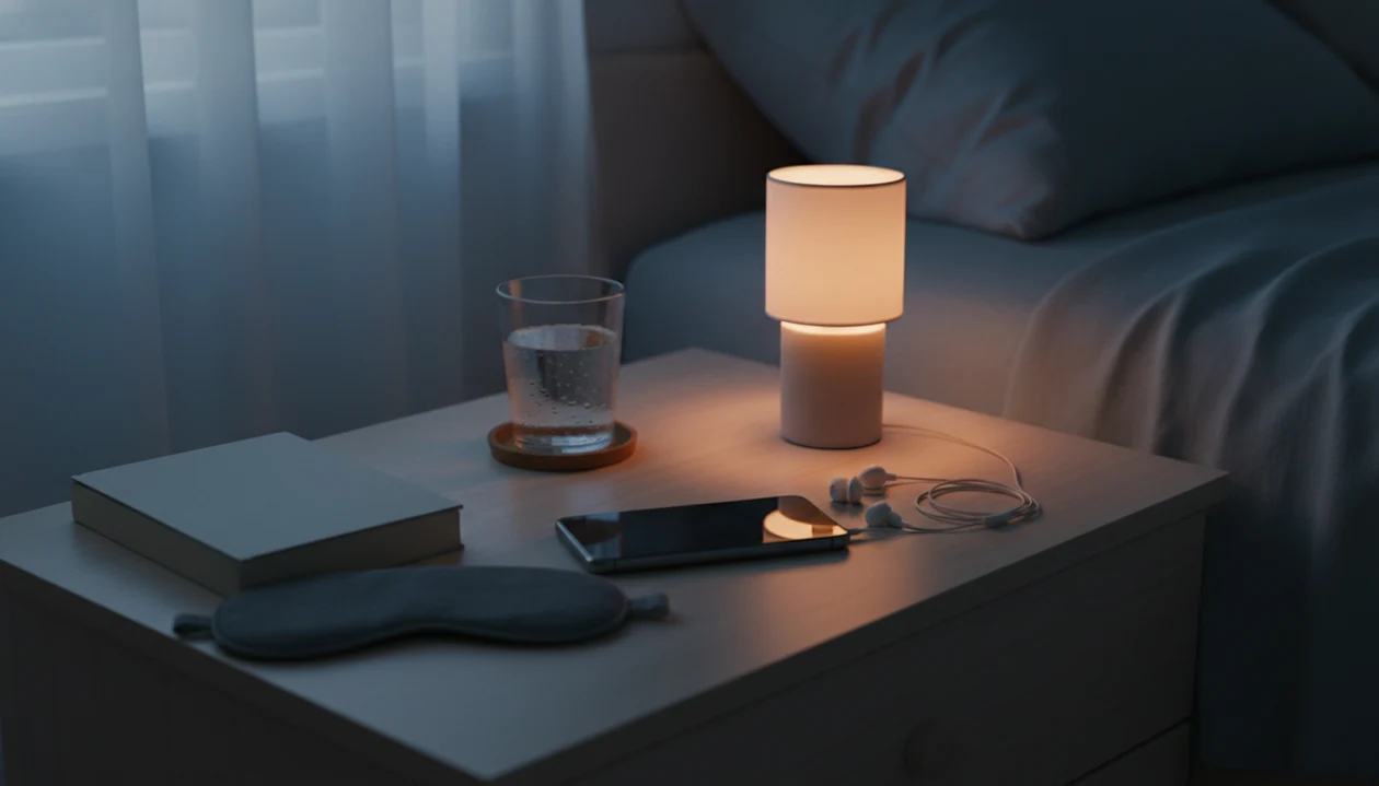 A phone, sleep earbuds, and bedside essentials sit on a nightstand in a calm dimly lit bedroom.