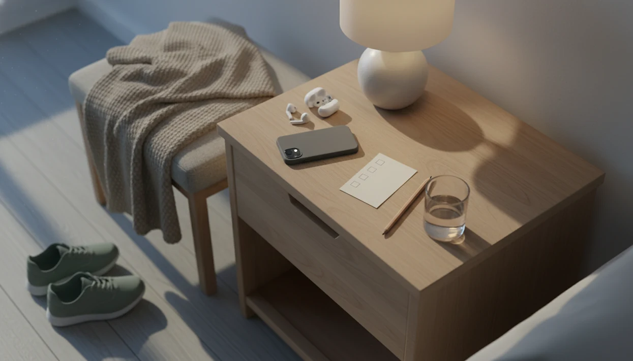 A calm bedside routine setup with earbuds, a face-down phone, blank habit card, water, and walking shoes.
