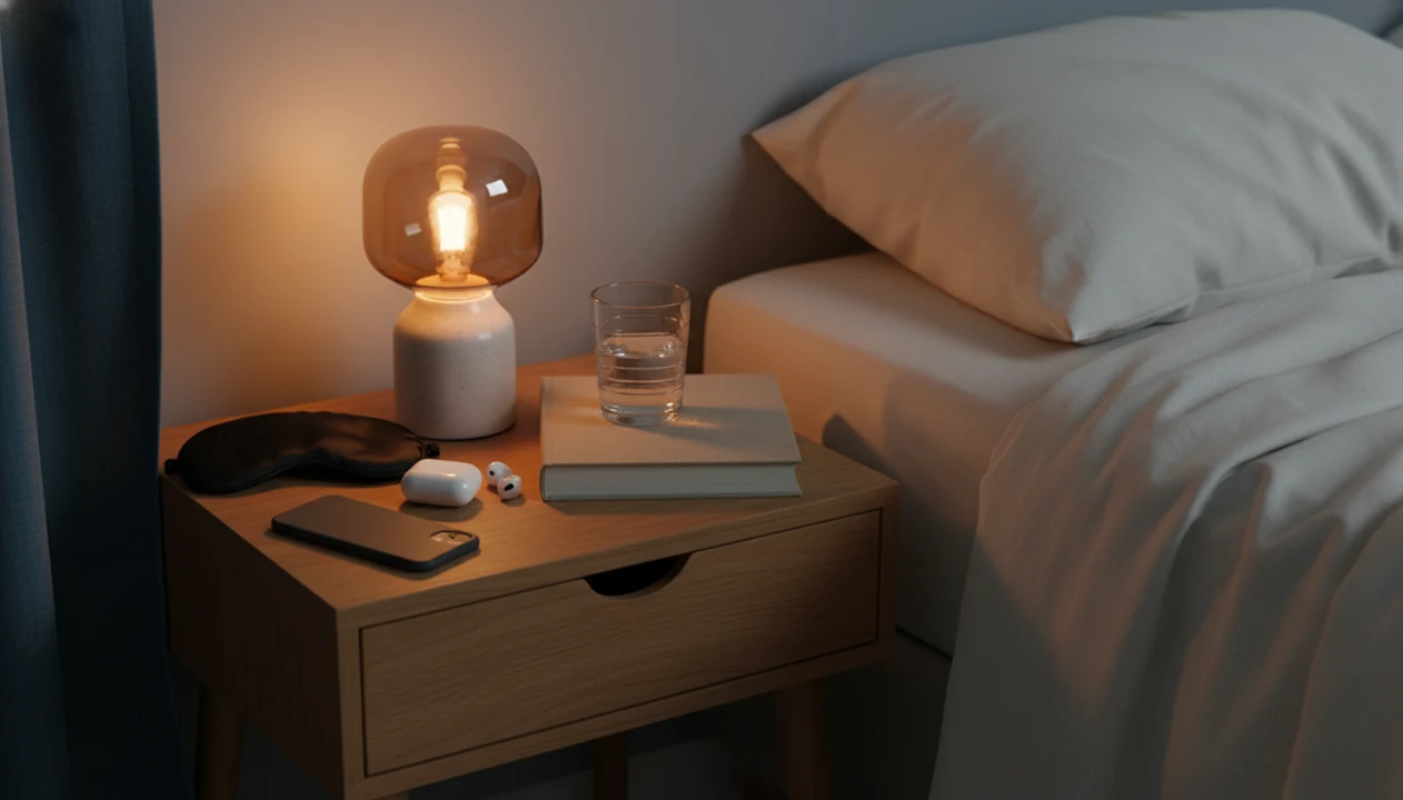 A dim bedside table with a face-down phone, lamp, eye mask, water, and book set for a calm sleep routine.