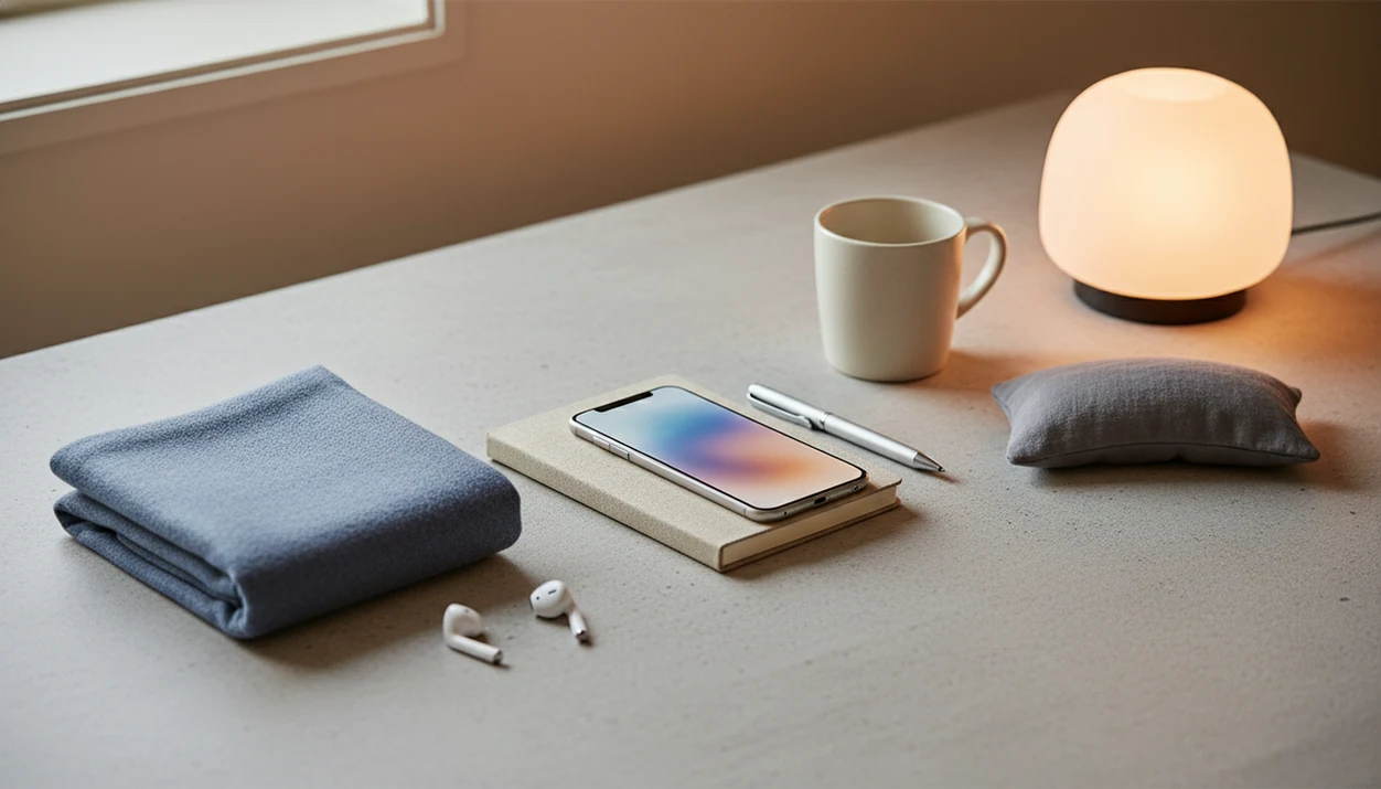 A calm still life shows earbuds, a phone, desk items, and bedtime objects for stress relief sessions.