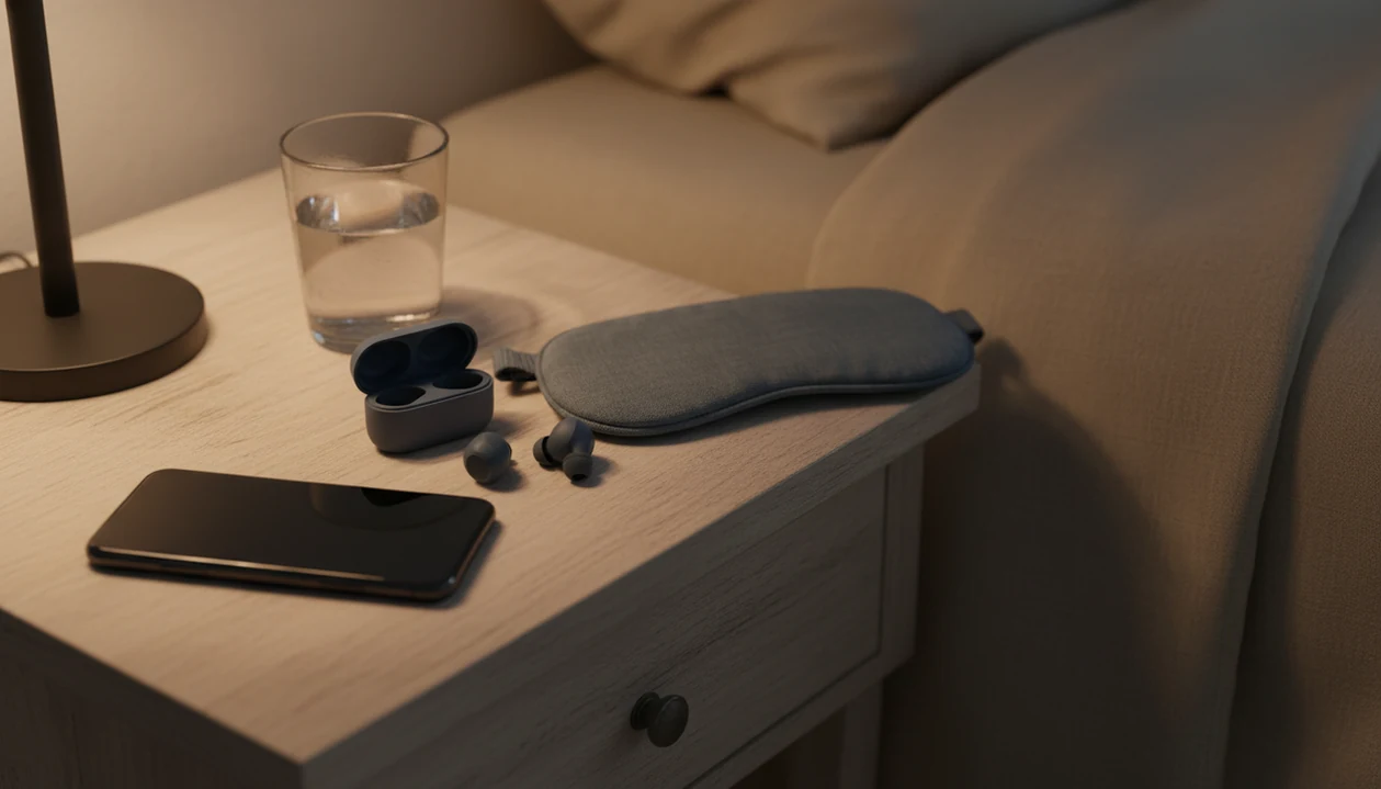 A phone face down beside earbuds and an eye mask on a calm bedside table at night.