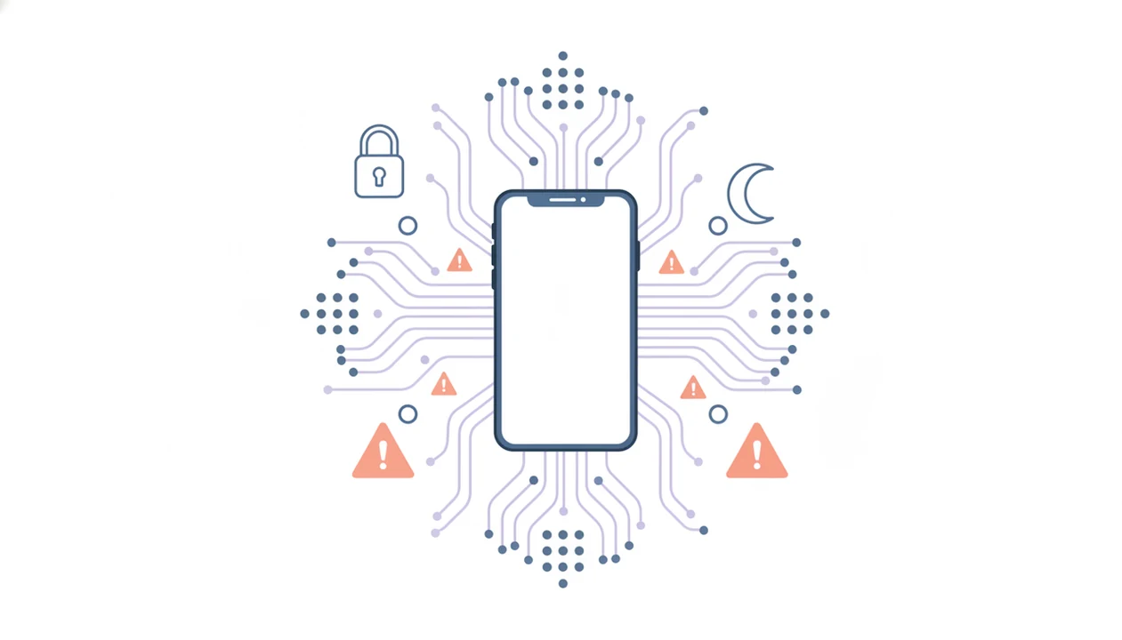 An abstract phone illustration shows app data flowing toward privacy and warning symbols.
