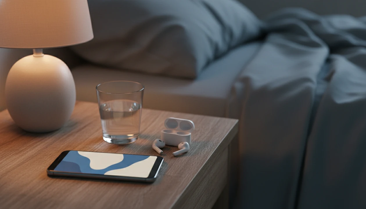 A phone, earbuds, lamp, and water sit on a nightstand beside a softly lit bed at night.
