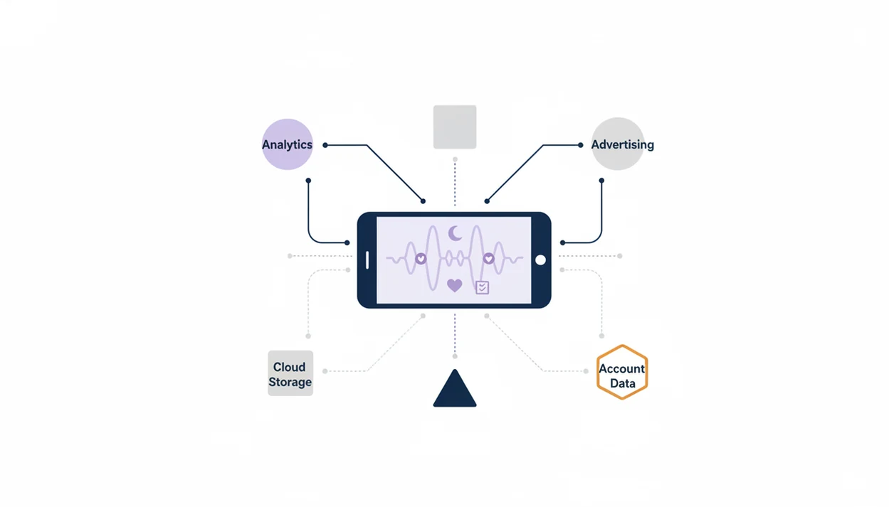 A textless diagram shows a hypnosis app sending data signals to several abstract third-party nodes.