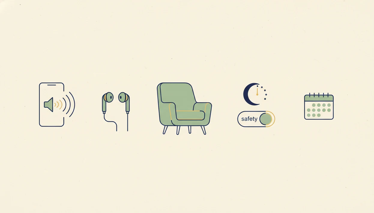 A clean visual guide shows six simple setup elements for starting a beginner hypnosis app.