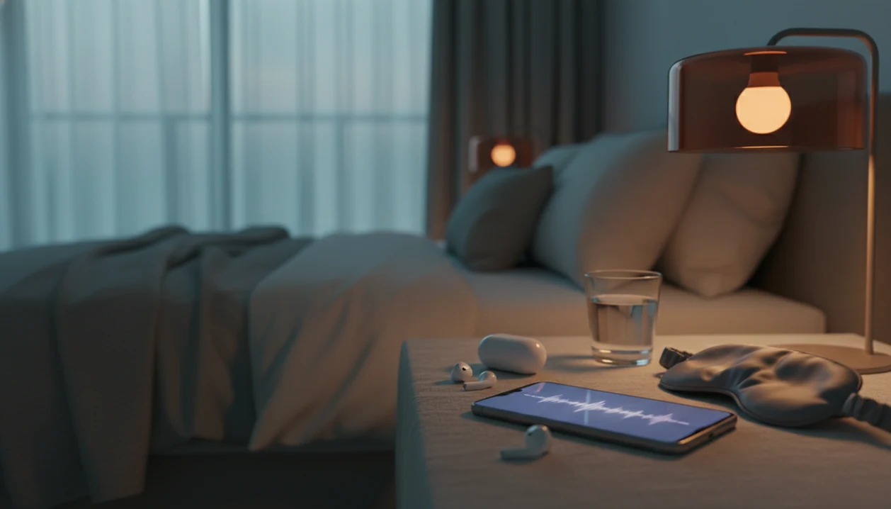 A phone, earbuds, and sleep mask rest on a bedside table for a quiet self-hypnosis session.