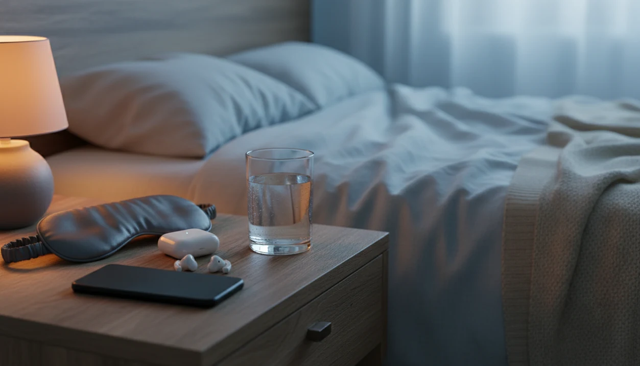 A phone, earbuds, sleep mask, and water sit on a nightstand in soft bedtime light.