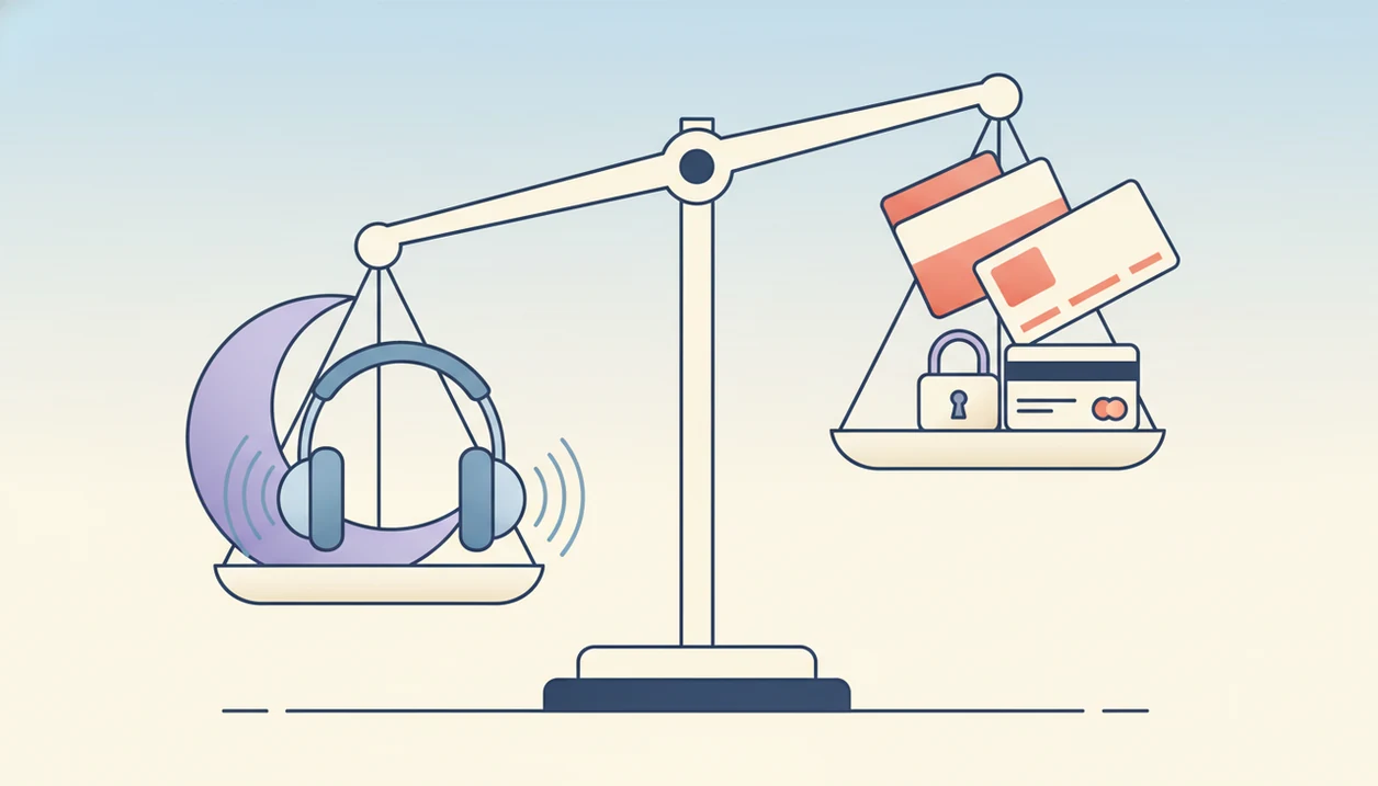 An illustrated scale weighs sleep audio benefits against ads, privacy locks, and payment tradeoffs.