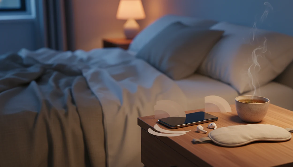 A phone, earbuds, eye mask, and tea on a bedside table suggest a calm guided hypnosis session.