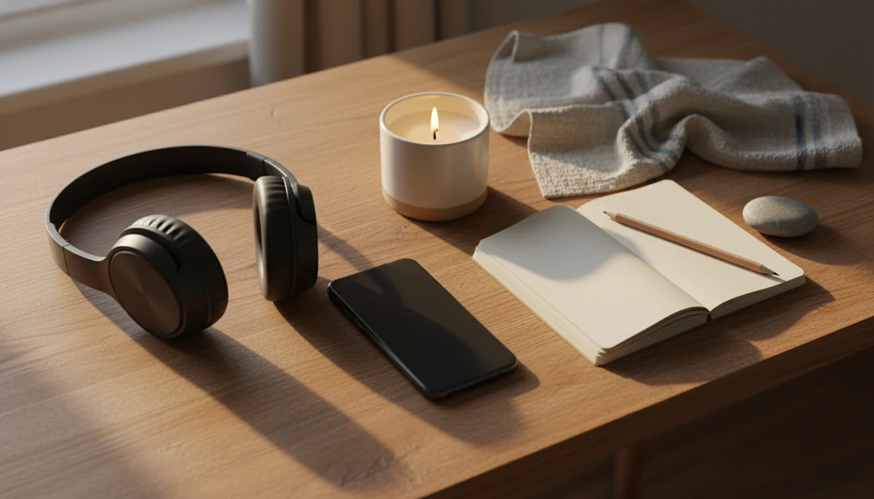 A calm bedside still life contrasts guided audio headphones with a blank notebook for self-hypnosis practice.