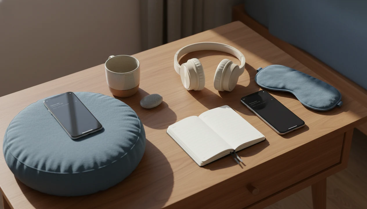 Two unbranded phones with meditation and hypnosis accessories on a calm bedside table.