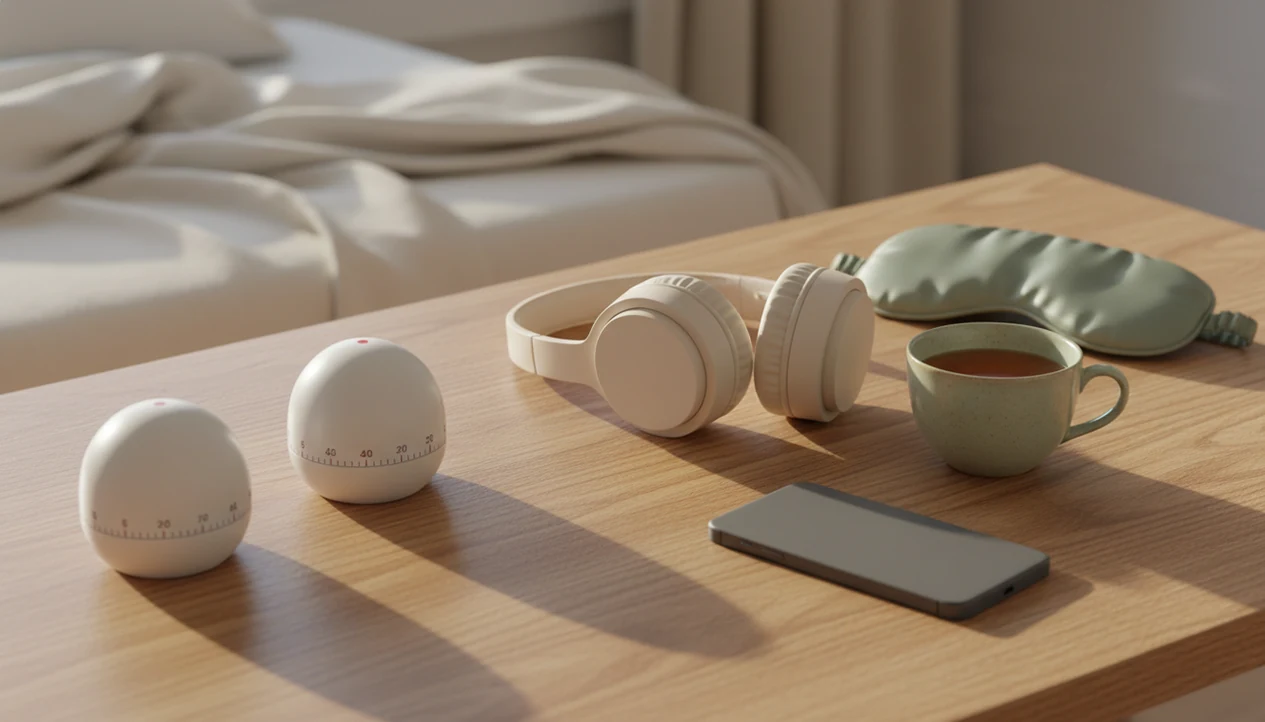 Analog timers, headphones, and a sleep mask suggest choosing the right hypnosis session length.