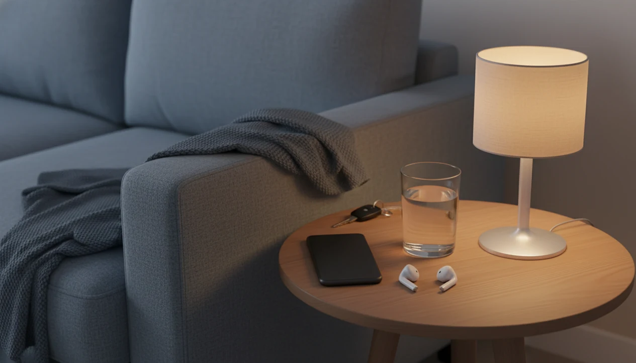 A calm bedside setup with a phone, earbuds, water, blanket, lamp, and keys set aside.