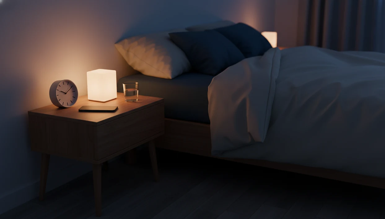A phone rests face down on a bedside table in a dim bedroom prepared for sleep hypnosis audio.