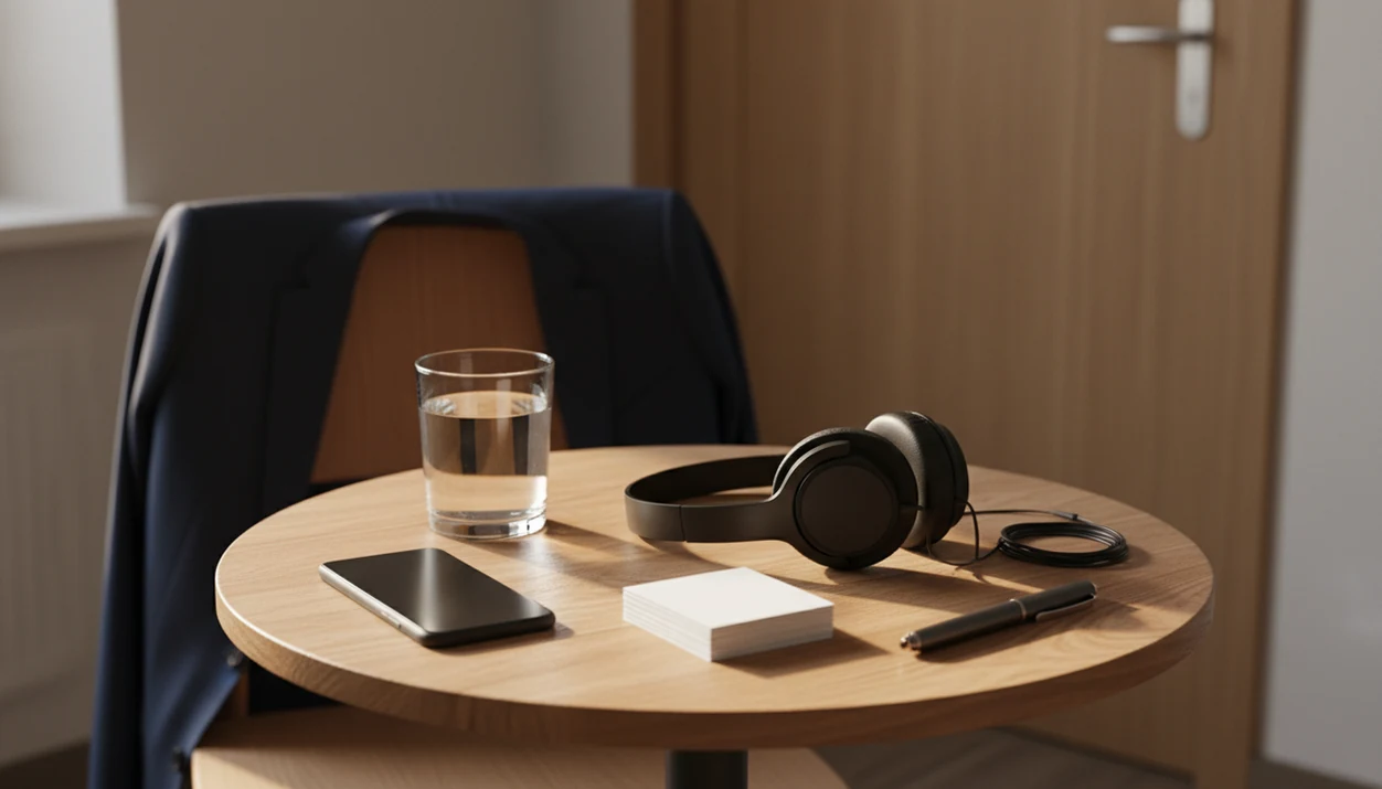 A phone, headphones, blank note cards, and water are arranged for a calm pre-presentation hypnosis routine.