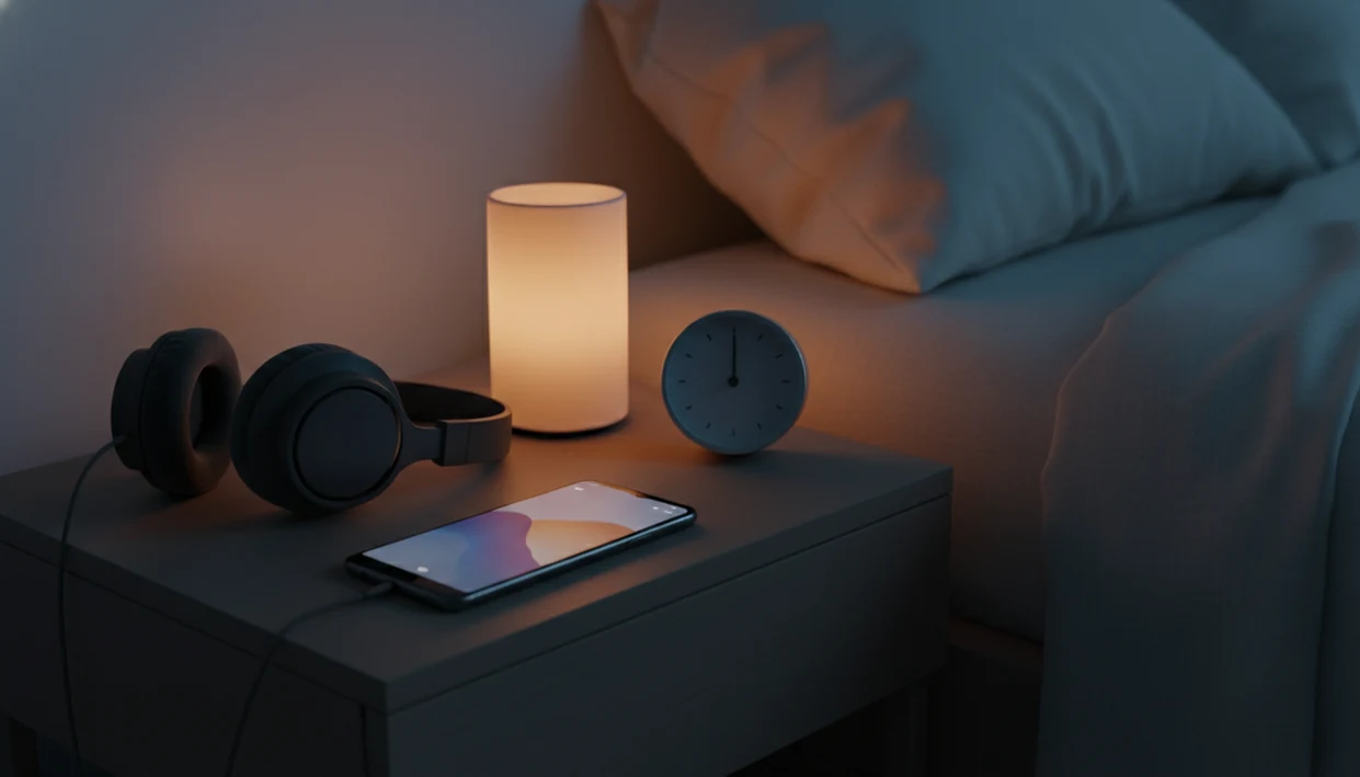 A phone and headphones sit on a bedside table set up for safe guided hypnosis listening.