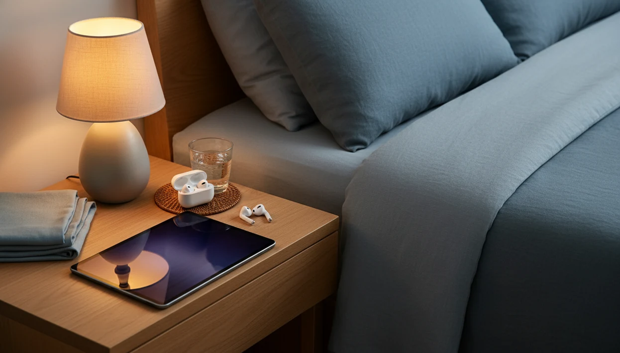 An iPad, earbuds, and bedside lamp set up for a quiet sleep hypnosis audio session.
