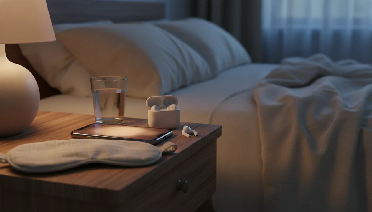 A dim bedside table with an iPhone, earbuds, sleep mask, and water ready for a guided hypnosis session.