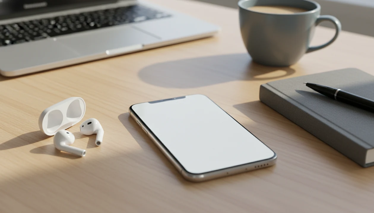 A quiet office desk shows a blank phone, earbuds, notebook, and coffee arranged for a short workday reset.