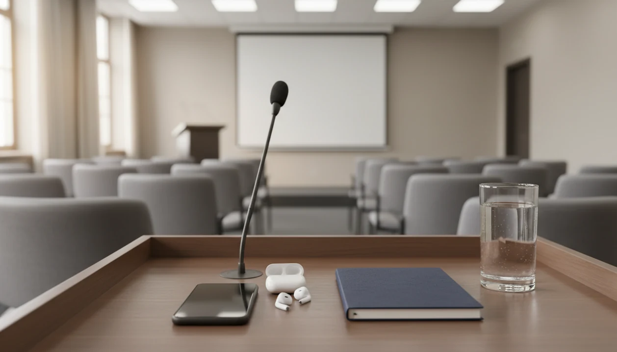 A phone and earbuds rest near a podium in a quiet conference room before a presentation.